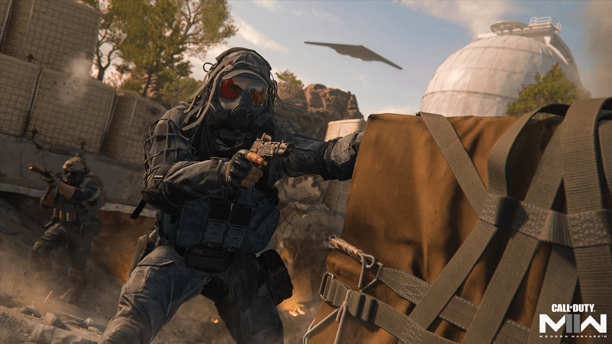 A CoD operator aims a weapon from behind cover while a stealth bomber flies overhead.