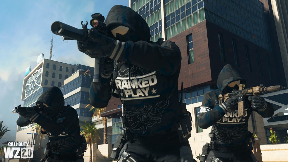 A CoD operator wearing a black suit that says Ranked Play on it.