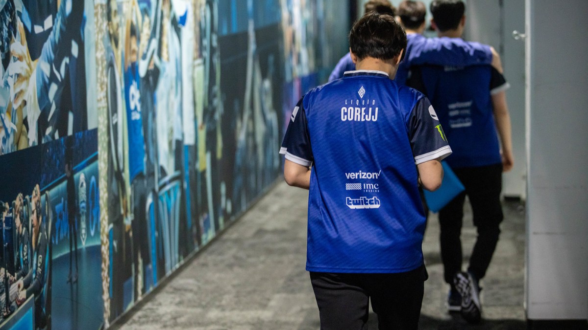 CoreJJ and the Team Liquid roster walk away from a League of Legends match at Riot Games Arena.