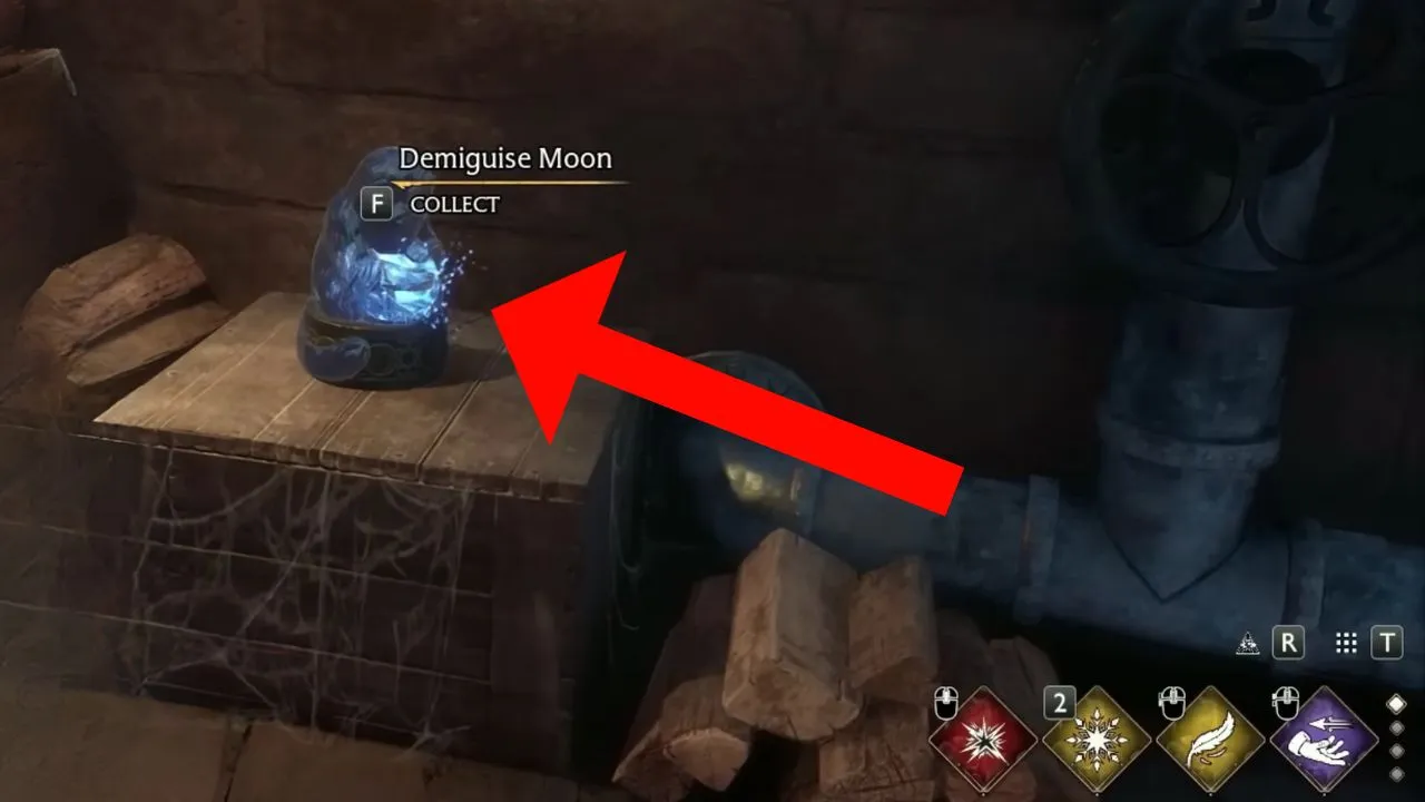Red arrow pointing to a demiguise statue in Hogwarts Legacy
