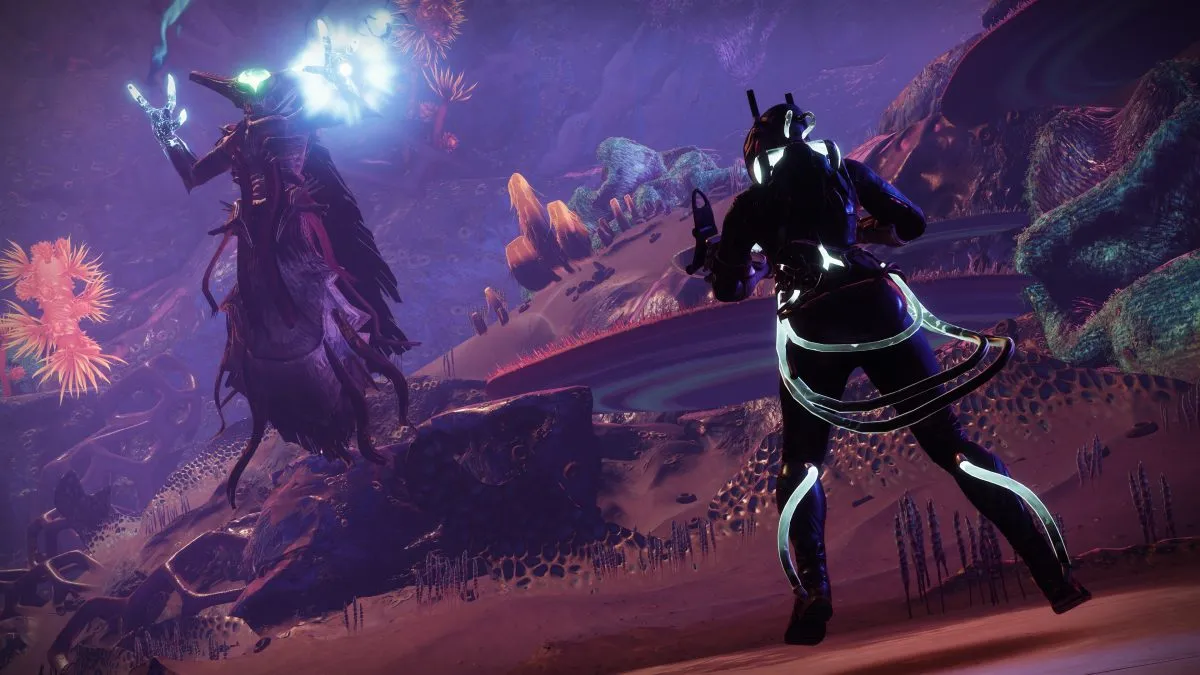 A guardian stands ready to battle a Hive Wizard in Destiny 2.