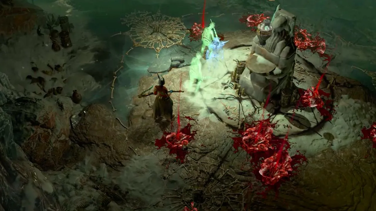 Corpses and a statue inside Necromancer Golem cave in Diablo 4.