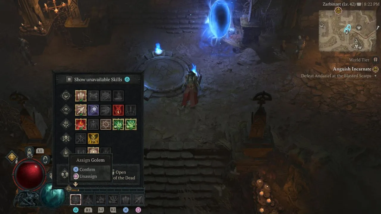 Available Necromancer skill icons and skill slot placements in Diablo 4