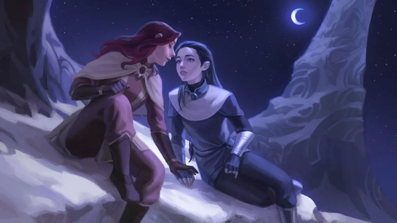 League of Legends characters Leona and Diana sitting together under the moonlight