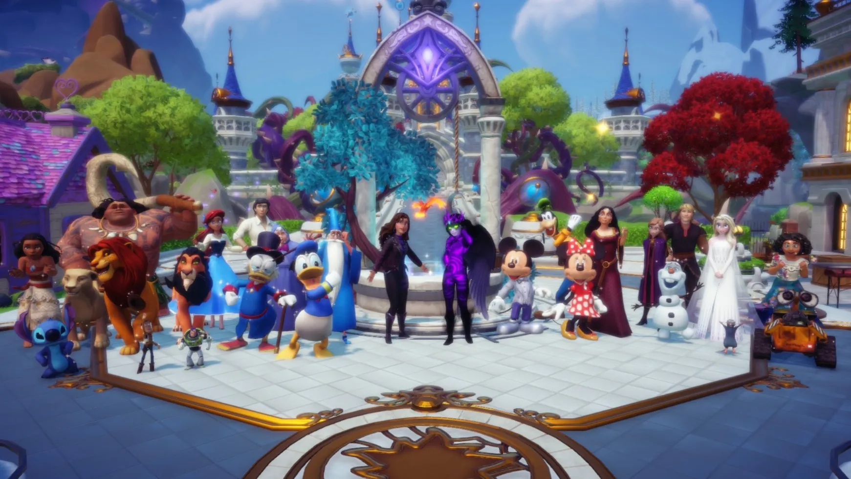Người chơi đứng với một dàn nhân vật lớn của Disney trước trung tâm Plaza mong muốn tốt