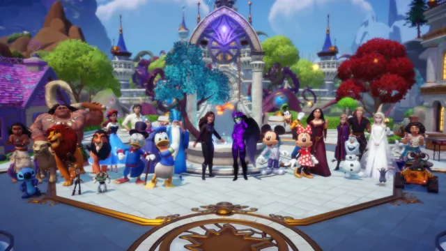 The player standing with a massive cast of Disney characters in front of the center plaza wishing well.