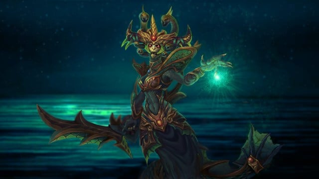 Medusa, a snake-like Gorgon archer, stands ready for battle in Dota 2.