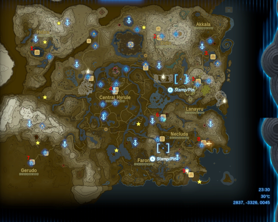 A map of Hyrule shows all locations of the villages in the kingdom, and each one has a corresponding red number next to it.