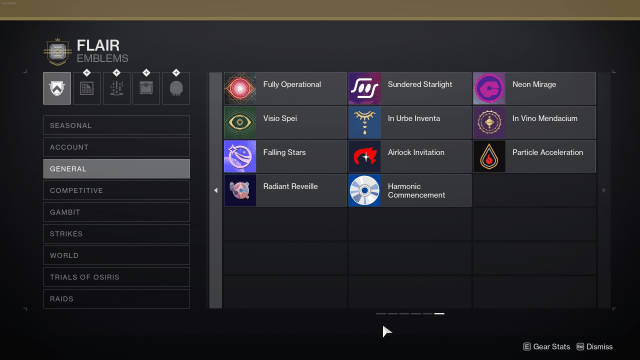 A screenshot of the Destiny 2 Flair and Collections page with some emblems displayed.