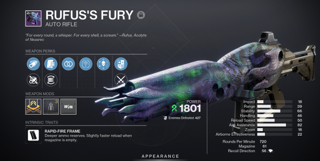 Rufus's Fury God Roll Stats in Destiny 2