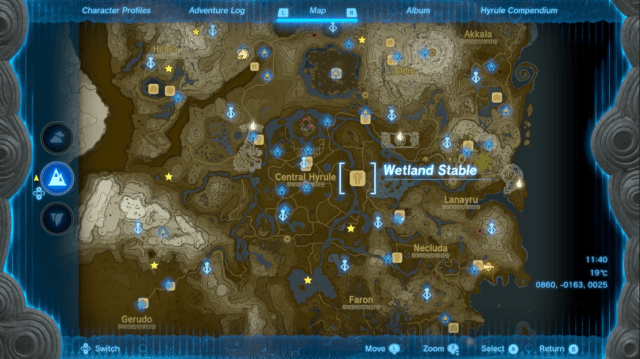 Hyrule map showing Wetland stable location.