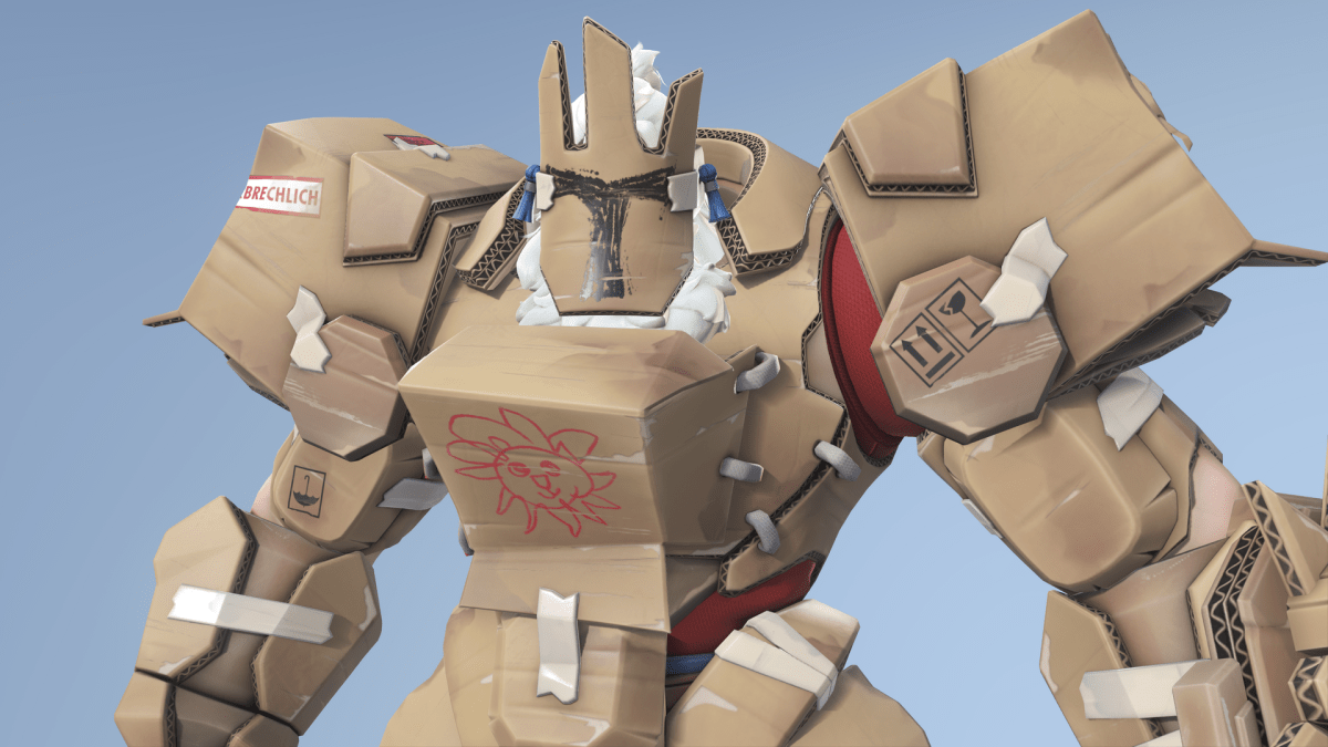 Reinhart, from Overwatch, made out of cardboard boxes and tape.