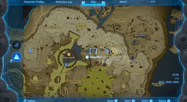 A map of the Zora domain, highlighting a spot next to the mountain where players can find King Dorephan.