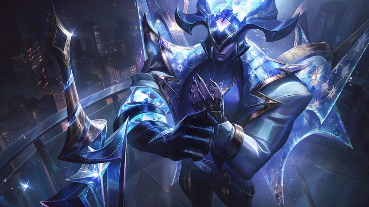 Aatrox designed with a DRX League of Legends skin adjusts his hand while standing next to his sword.