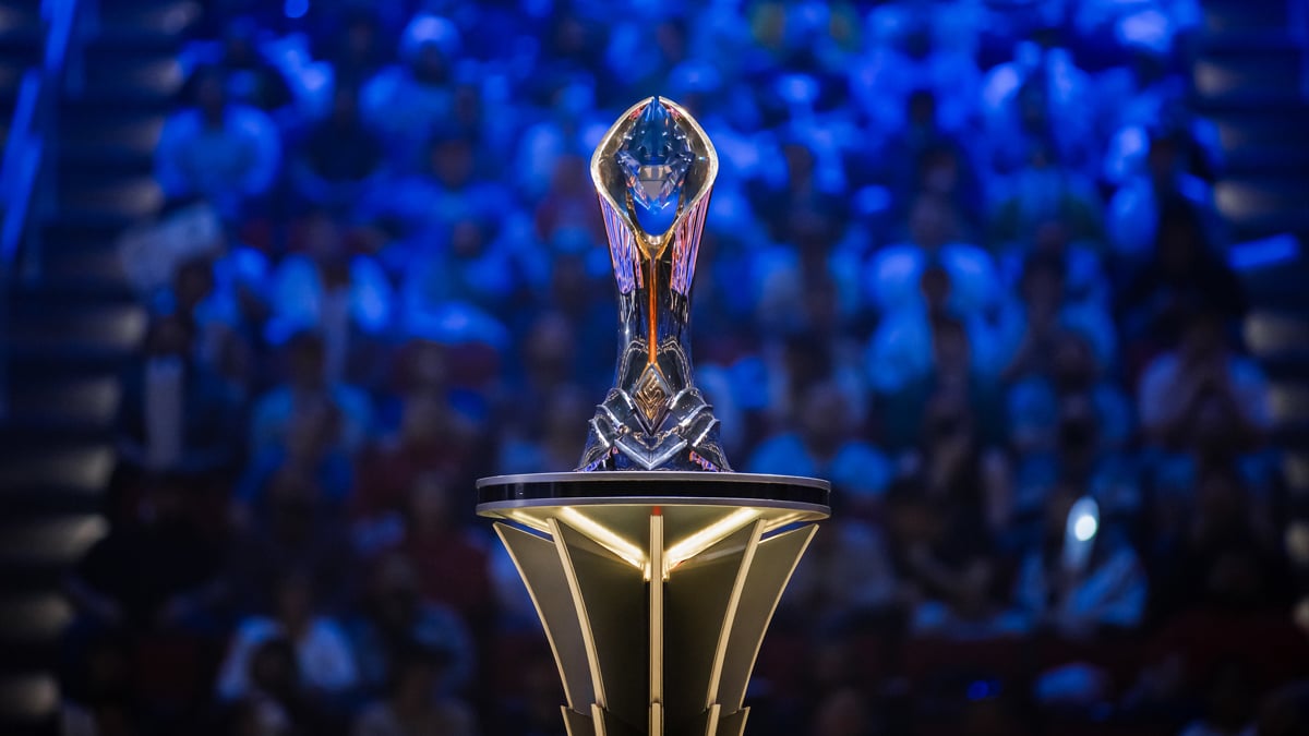 The LCS trophy on a plinth at the LCS Spring Split 2023 finals in Los Angeles.