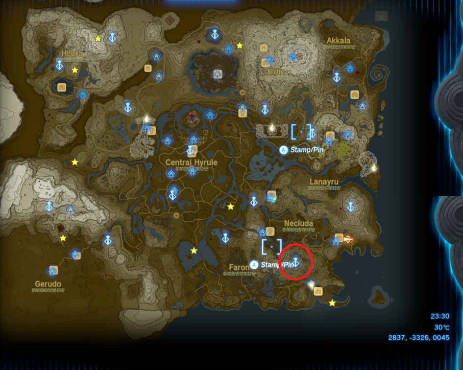 A map of Hyrule shows a tower icon in the southeast side of the map that has been circled in red.