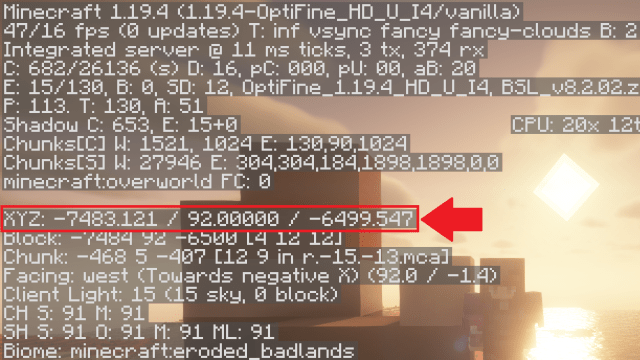 A screenshot of a player's XYZ coordinates in Minecraft.