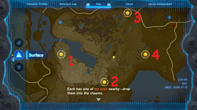 A map of the Great Plateau with four blinking yellow indicators. Each one has a number next to it, 1 through 4, starting on the west indicator and moving counter clockward.
