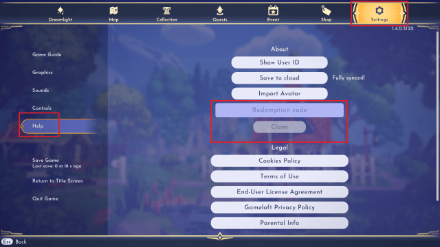 The settings page in Disney Dreamlight Valley with the help section open and the code redemption box highlighted.