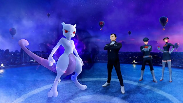 Shadow Mewtwo standing next to Team Go Rocket members in Pokémon Go.