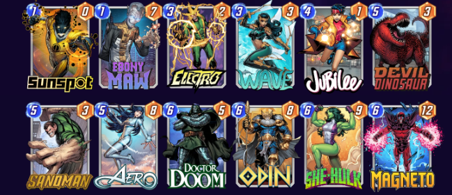 A deck showing Sunspot, Ebony Maw, Electro, Wave, Jubilee, Devil Dinosaur, Sandman, Aero, Doctor Doom, Odin, She-Hulk, and Magneto. 