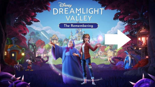 Key art for "The Remembering" update featuring Fairy Godmother, Merlin, Mickey Mouse, the pumpkin house, and a tree house with a shadowy figure in it.