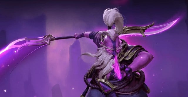 Void Spirit, a purple figure with white hair, wields a two-sided spear in attack in Dota 2.
