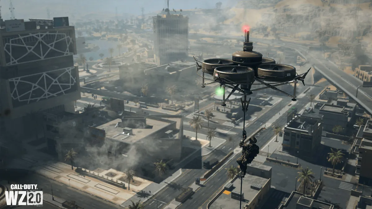 An operator takes a zipline to a jump spot while getting a visual overlook of Al Mazrah in Warzone.