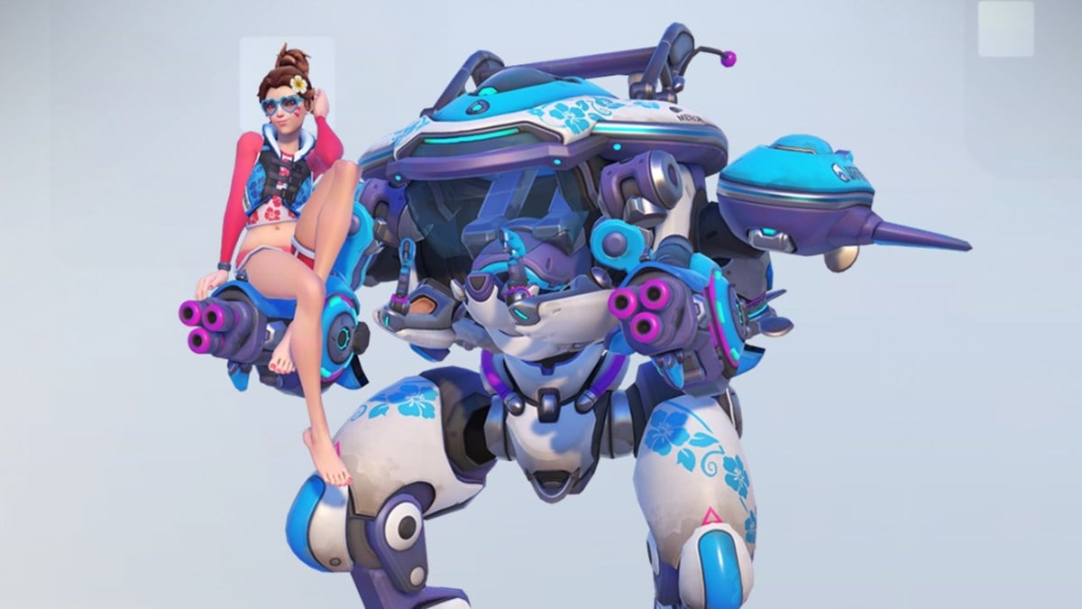 D.VA sits on her mecha unit in Overwatch 2.