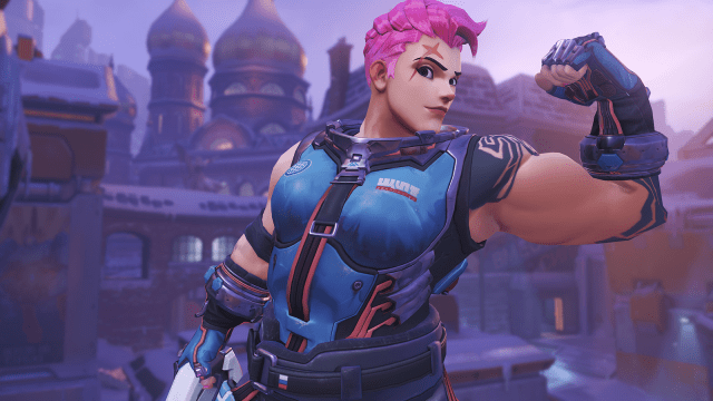 Zarya from Overwatch posing at the end of one of her highlight reel intros.