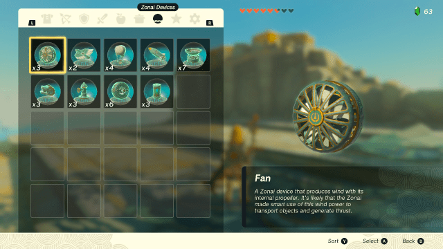 A menu displaying Zonai Devices which players can obtain and build in Zelda: Tears of the Kingdom.