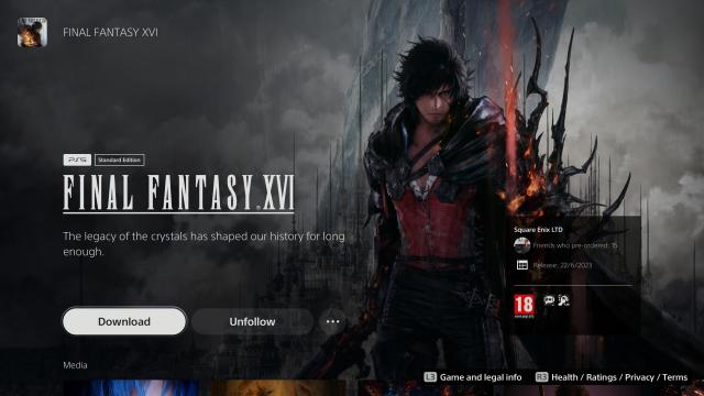 Final Fantasy 16 PlayStation Store listing showing a download button