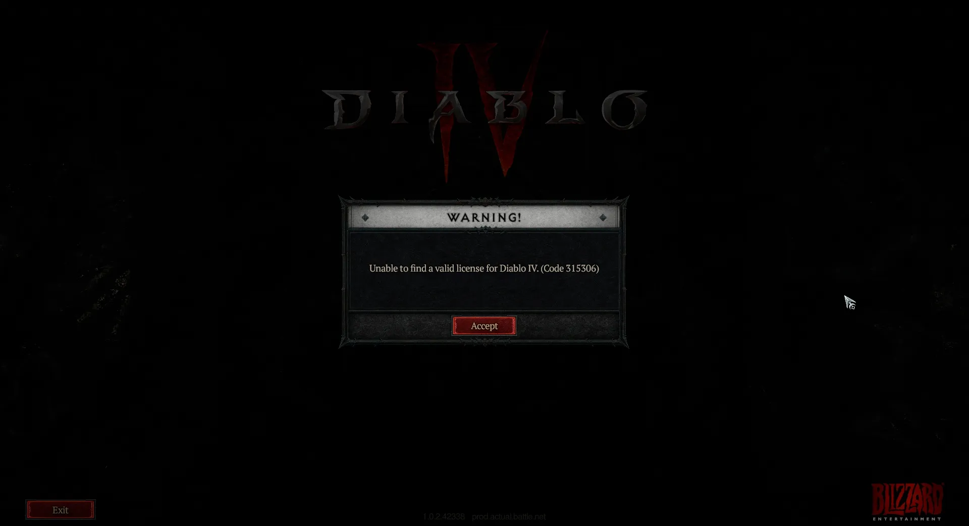 Obraz pokazujący kod błędu 315306, który mówi, że Diablo 4 jest