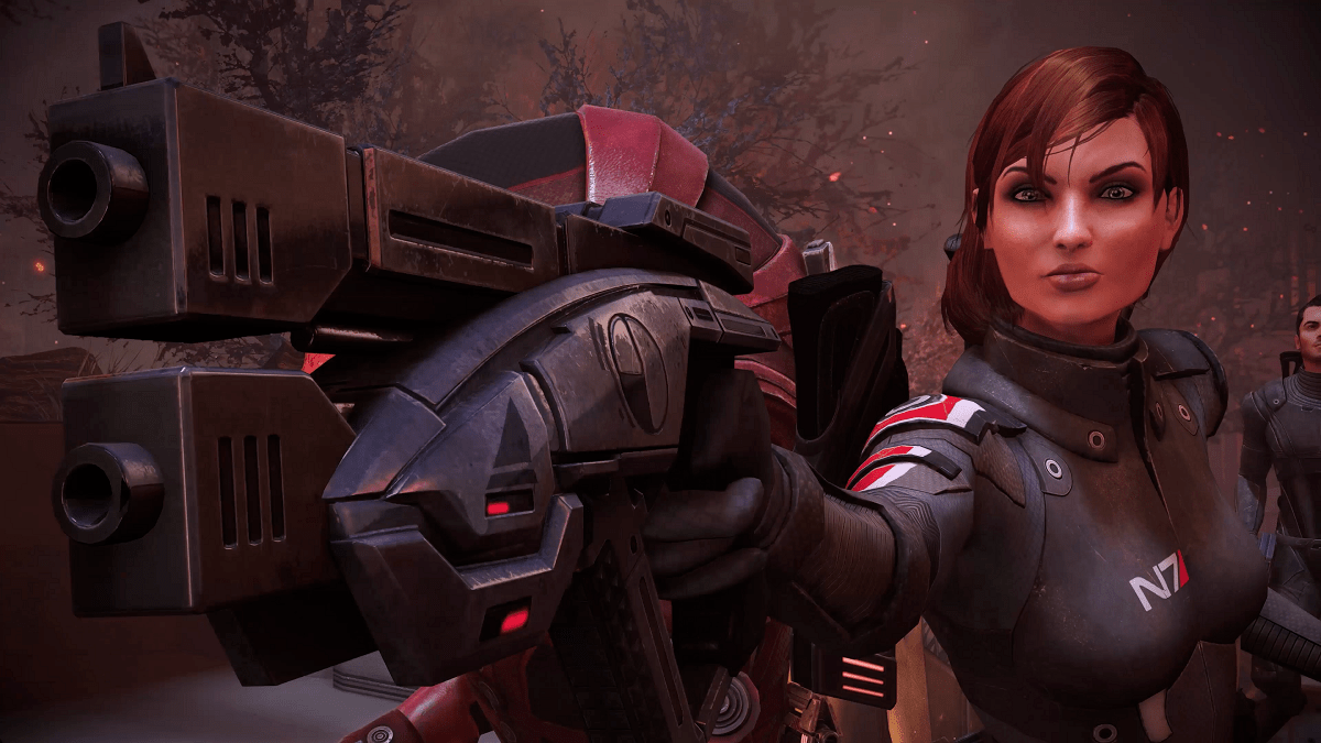 Mass Effect's Shepard pulling out a handgun and pointing it towards the camera.