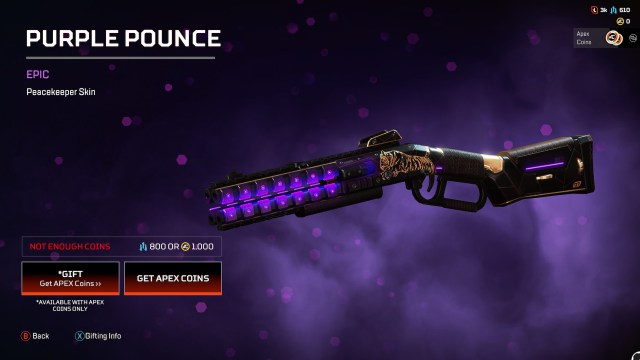 Purple Pounce Peacekeeper skin. The Peacekeeper gets glowing purple highlights and a shiny gold tiger print.