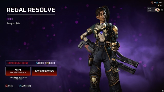 Regal Resolve Rampart skin. The default Rampart skin receives a tie and waistcoat, with some black, gold, and blue highlights.
