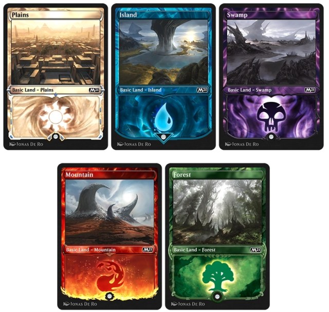 Image of MTG Arena Core Set 2021 Showcase basic lands for July Brawl Two Command Towers event