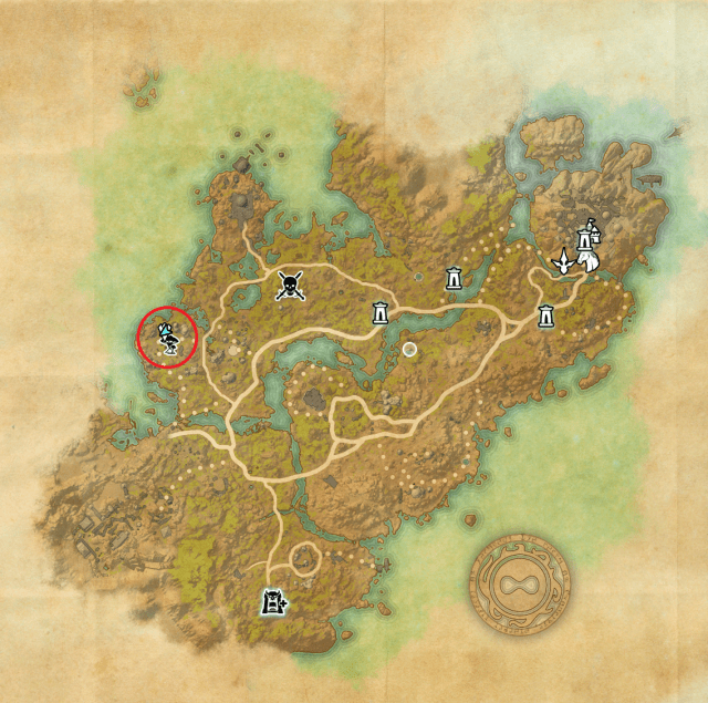A map of the Telvanni Peninsula with a location circled in red near the western coast.