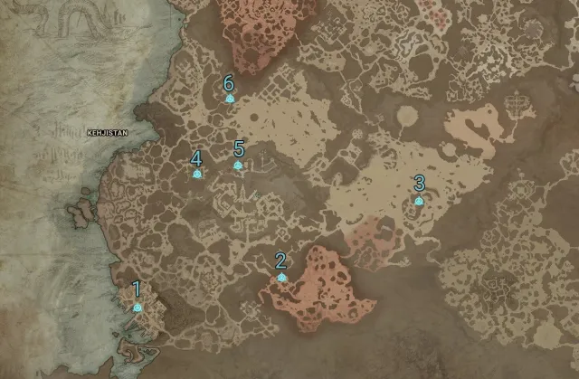 A numbered map showing all six waypoints in Diablo 4's Kehjistan region.
