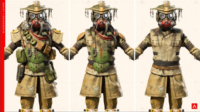 Bloodhound's default outfit, with three different images showing the differences in each layer of the Legend's outfit.