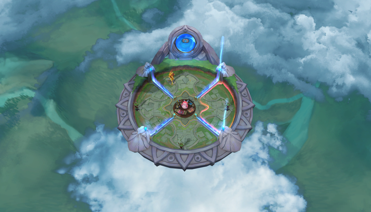 The new Arena mode in League of Legends resembles a circular shape atop a grassy terrain.