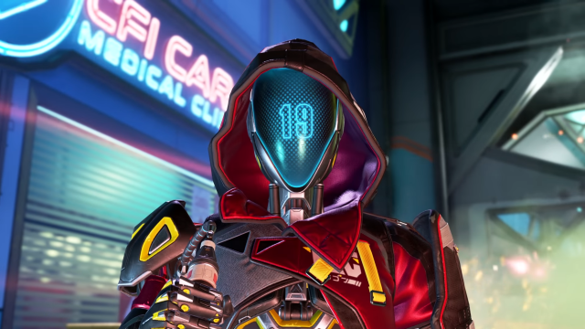 Legendary Ash skin from Apex Legends' Dressed to Kill event. Her faceplate is now just a screen with the number "19" on it, and she wears a red and gold jacket.