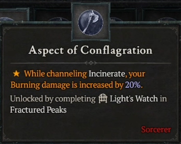 A screenshot of the Aspect of Conflagration inside the Codex of Power in Diablo 4.