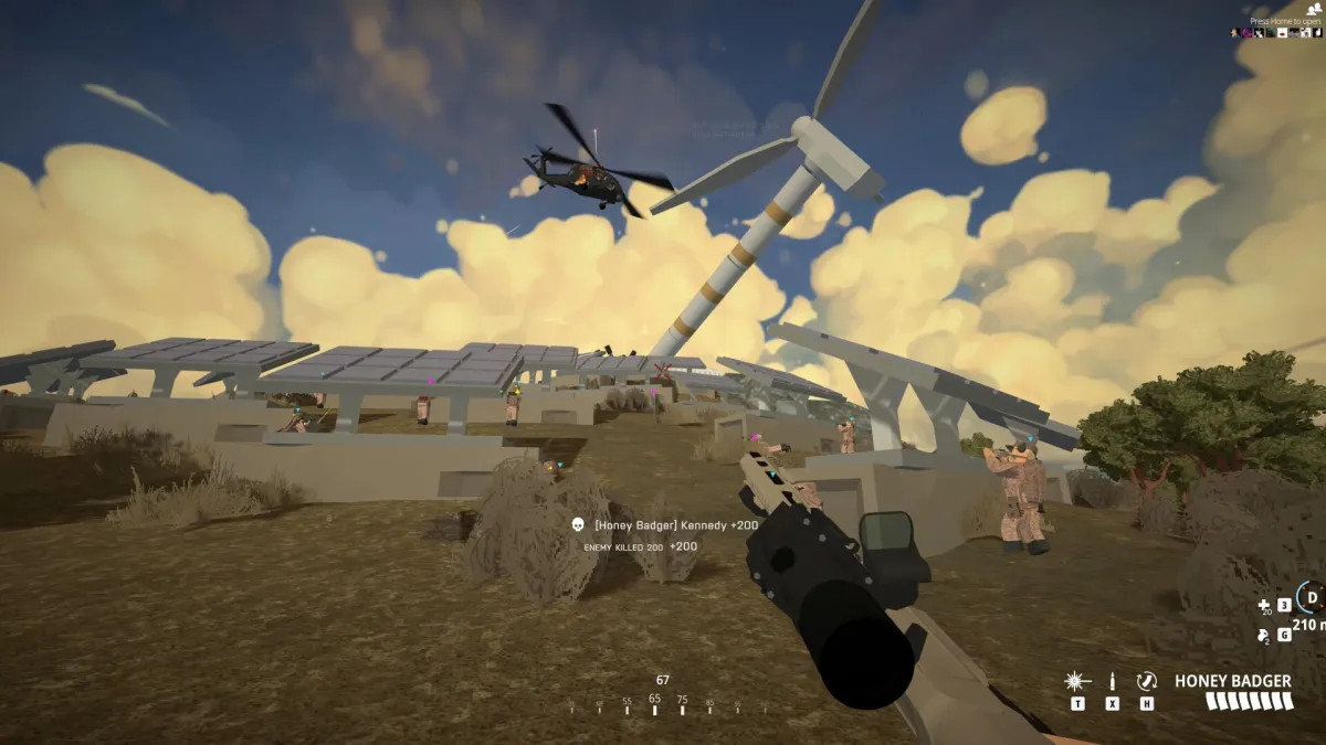 An enemy helicopter flying above a team of soldiers holding an area in BattleBit Remastered.