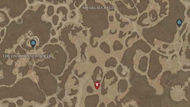 The location of Bhotak the Inevitable shown in Diablo 4, between the waypoints at the Onyx Watchtower and Fate's Retreat.