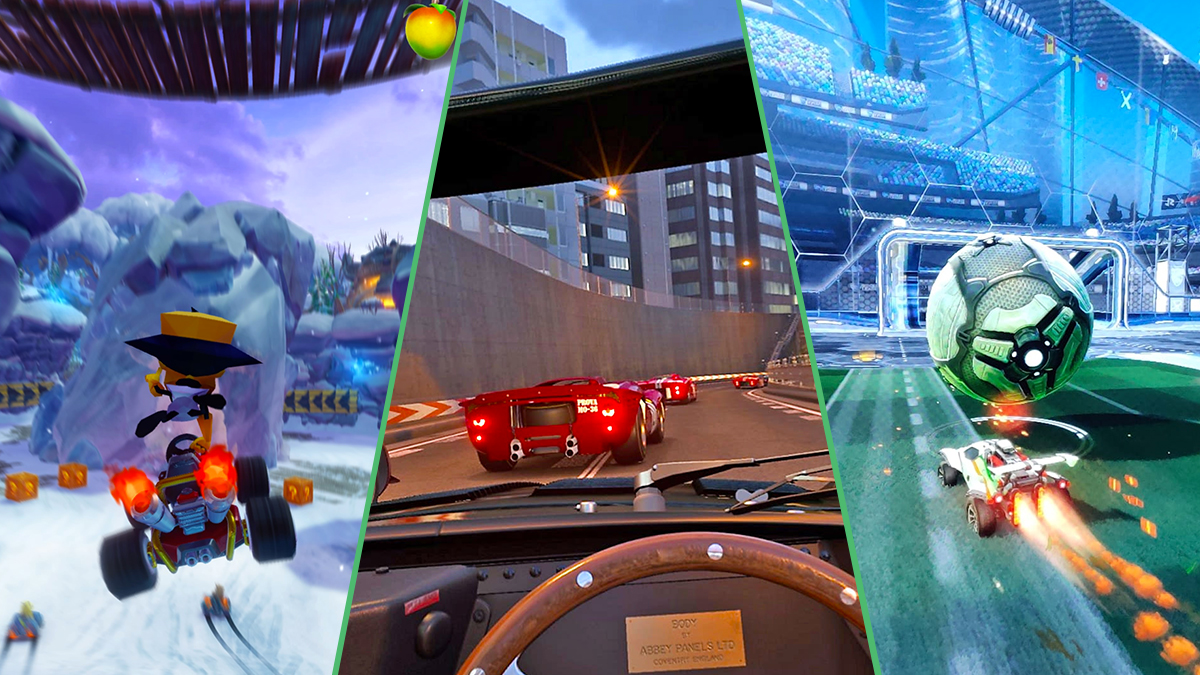 Three screens showing various driving video games.