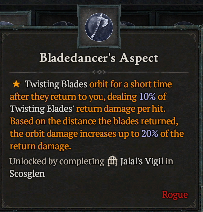 A screenshot of the in-game description of the Bladedancer's Aspect in Diablo 4