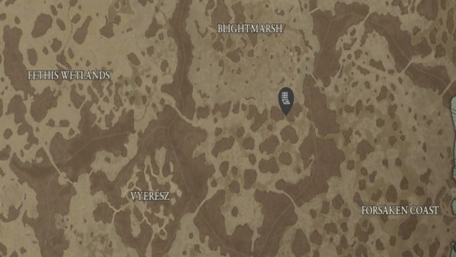 The Bleak Basement cellar location in Diablo 4, shown within he Blightmarsh sub-region.