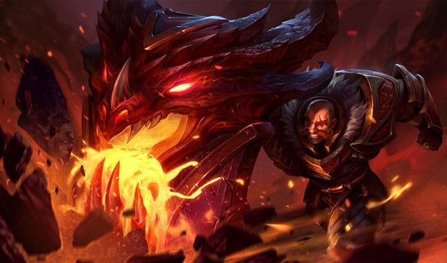 Braum, a human man, slamming the ground with a dragon-head gauntlet of fire and lava in League of Legends. This skin is called Dragonslayer Braum.