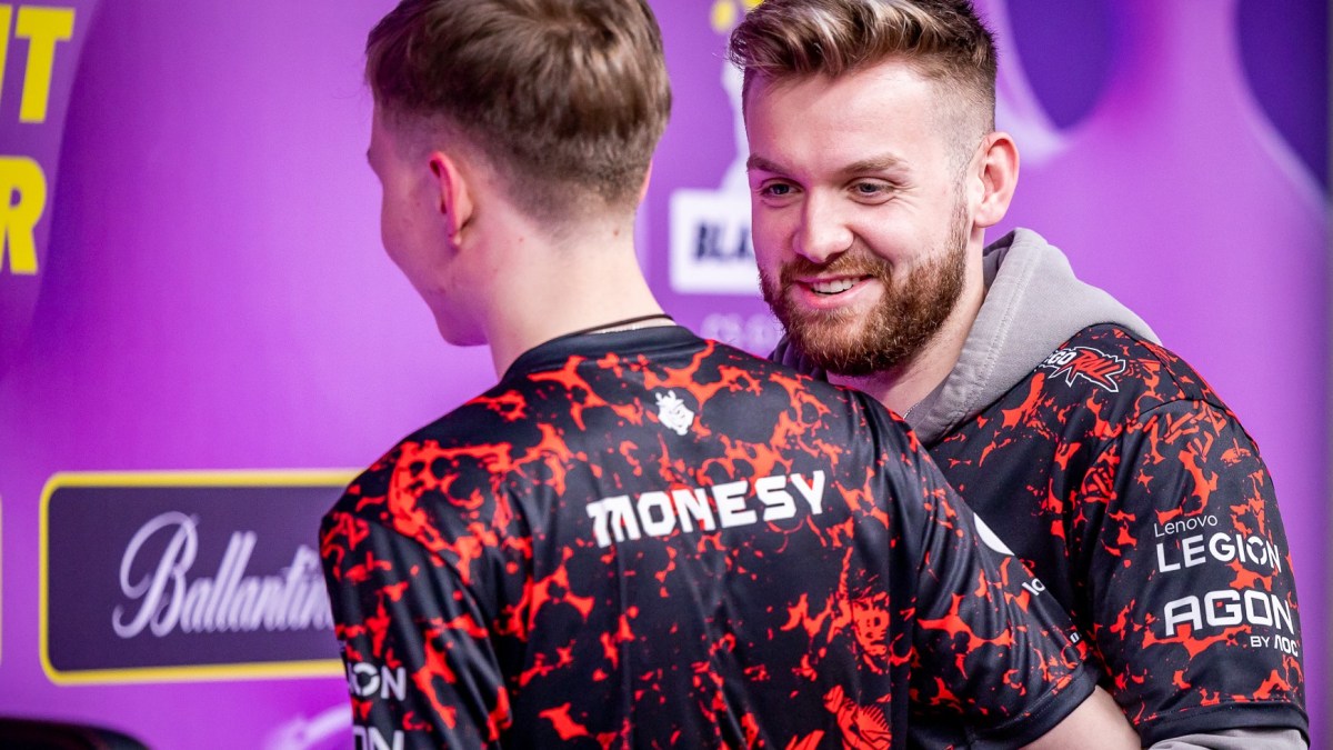 G2's professional CS:GO players NiKo and m0NESY celebrate win at BLAST Paris Major in May 2023.